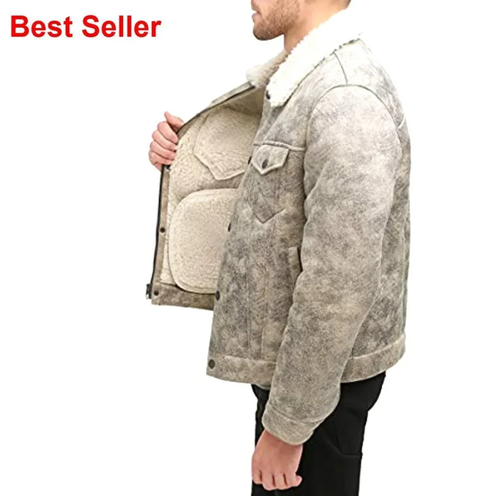 Faux Leather Classic Trucker Jacket with Sherpa Lining